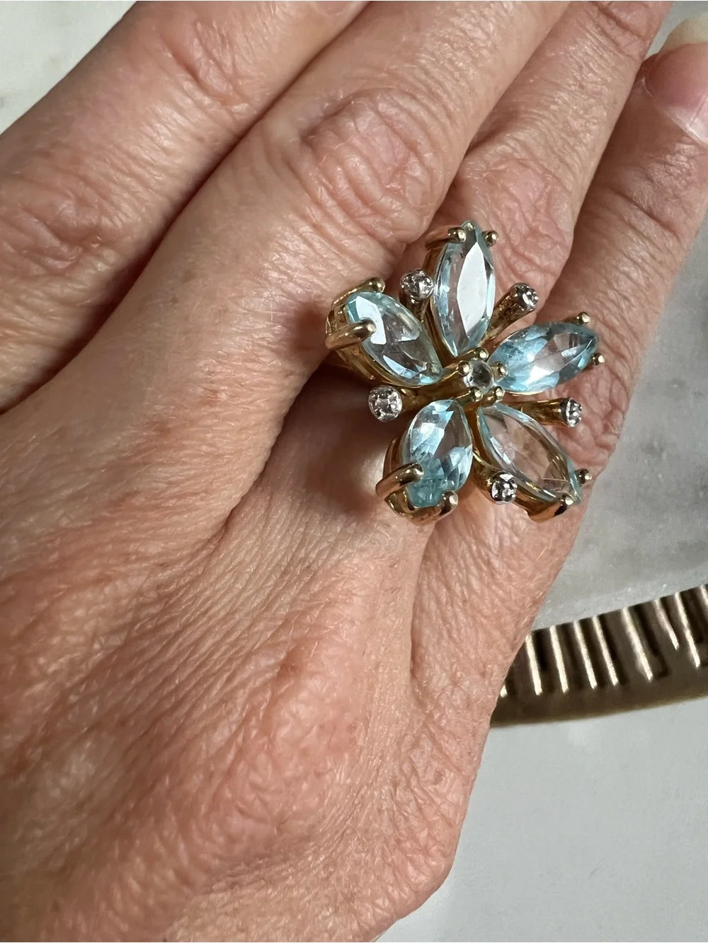 Ross Simons Blue Topaz Flower Ring 925 Sterling Silver gold Vermeil Vintage Sz 7